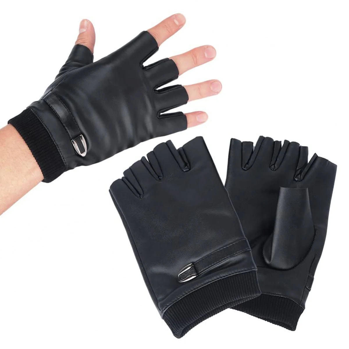 Guantes sin dedos de cuero PU negro para mujer, Guantes lisos con botones para mujer, Guantes cálidos de medio dedo para conducir, Guantes Punk para motor, Guantes gruesos