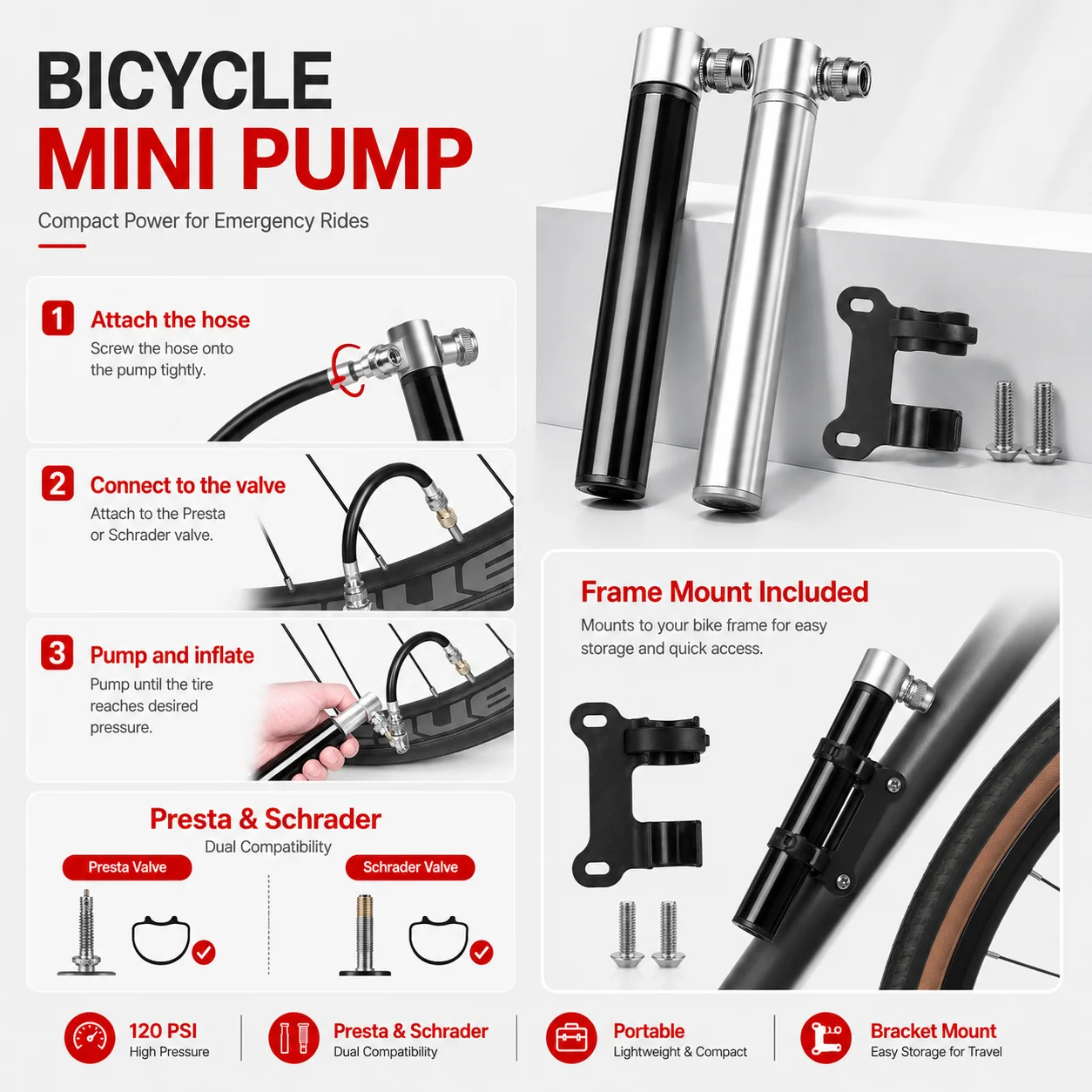 PINMOAP 1 Stück Leichte Fahrrad-Minipumpe Tragbarer Hochdruck-Reifenfüller für Presta- und Schrader-Ventile MTB Rennrad Reparatur – Detail 5