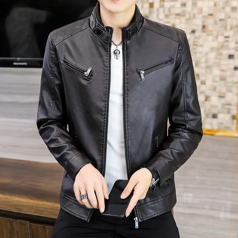 

Мужская кожаная куртка-косуха приталенного кроя с воротником-стойкой, повседневная, осенне-зимняя, новая, в корейском стиле, модная