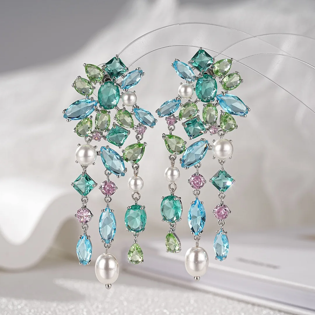 Fashionable fresh colored flower leaves drop-shaped tassels earrings luxury banquet long sparkling accessory jewelry
