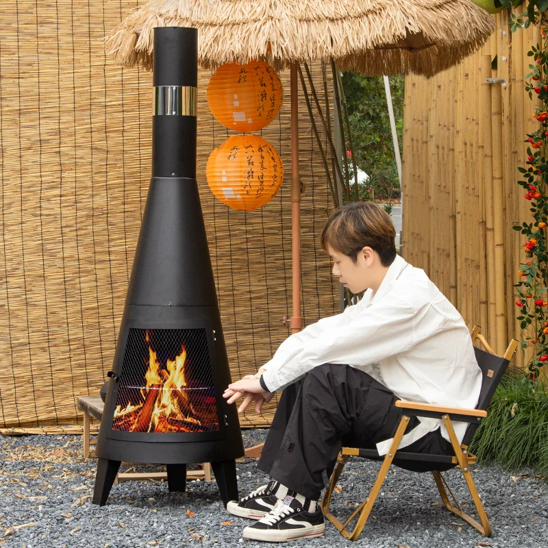 

Black Mexican Chiminea Outdoor Fire Pit Wood Burning Barbecue Garden Firepit Fireplace With Chimney