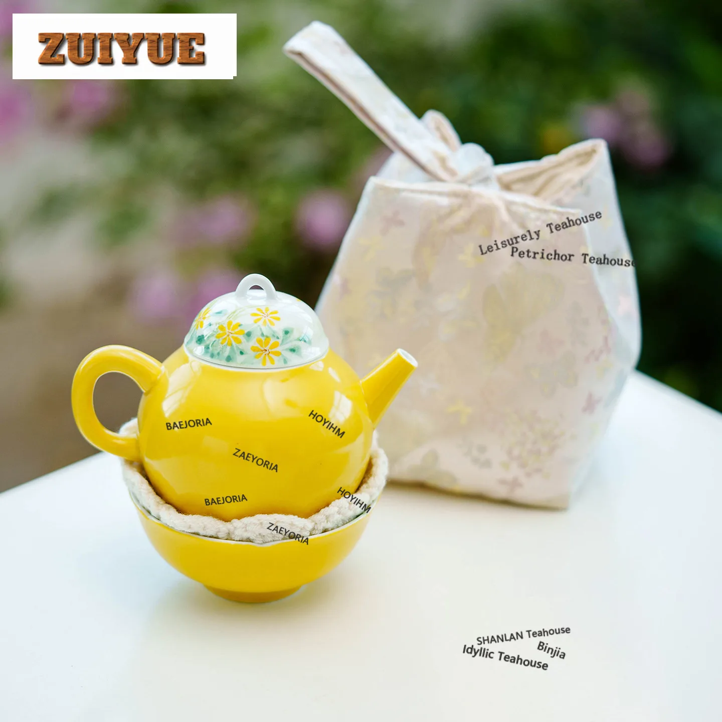 HOYIHM Egg Yolk Glaze Hand Painted Daisy Travel Tea Set Kit Retro 1 Pot 3 Cups Tea Brewing Organizer Portable Outdoor Tote Bag