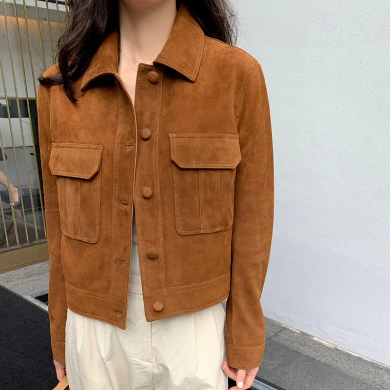 Chaqueta de cuero informal de calidad para mujer, abrigo de piel de ante de Cachemira para primavera 2025, chaqueta versátil adelgazante para mujer, ropa de calle