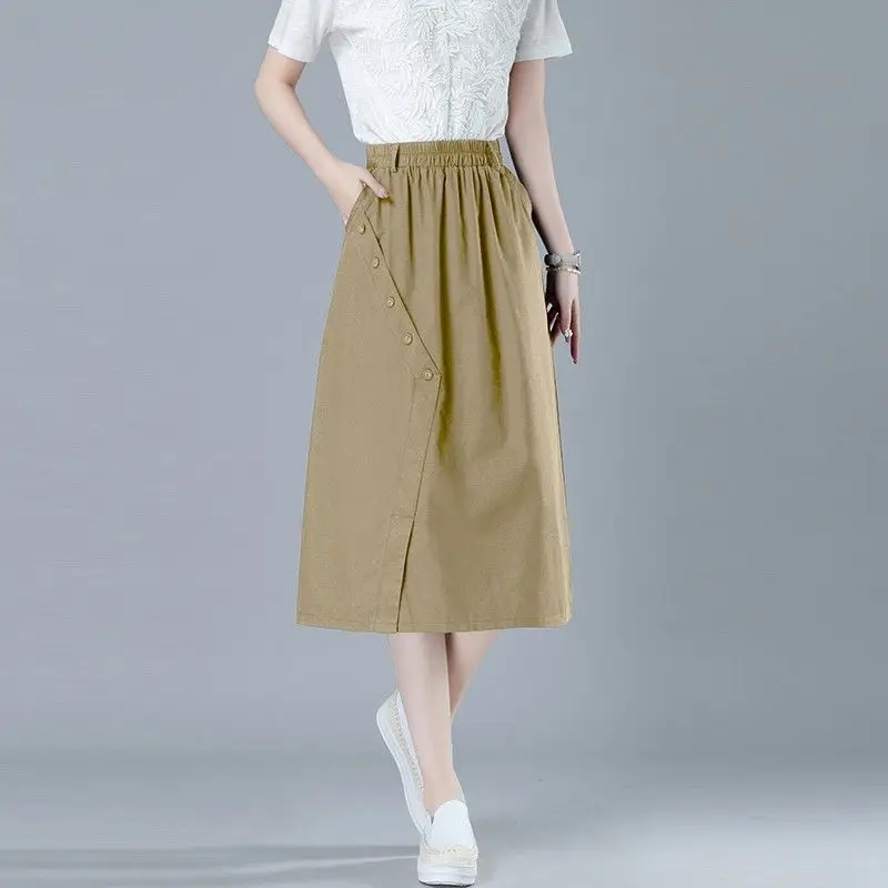 

High-End plus Size Women's Cotton Linen Casual Midi Skirt Thin Loose Summer New Style Commute Artistic High Waist A-Line Skirt