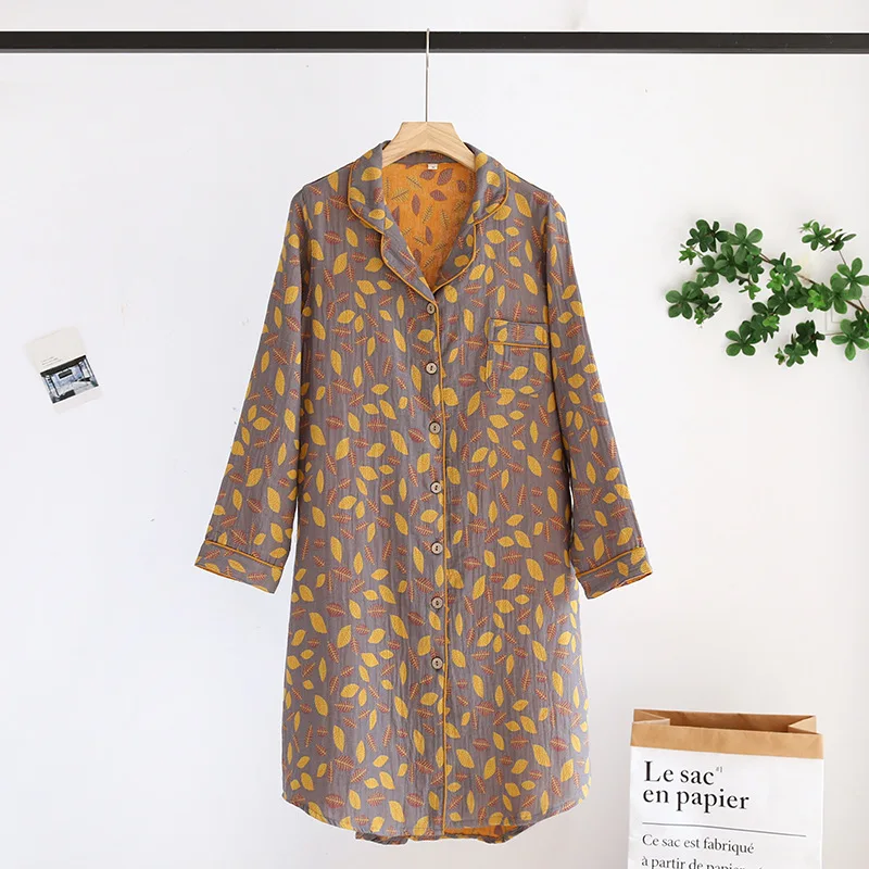 New Spring and Summer Women\'s Nightdress 100% Cotton Leaf Flower Long Sleeve Dress Large Home Dress Retro Long Sleeve Dress