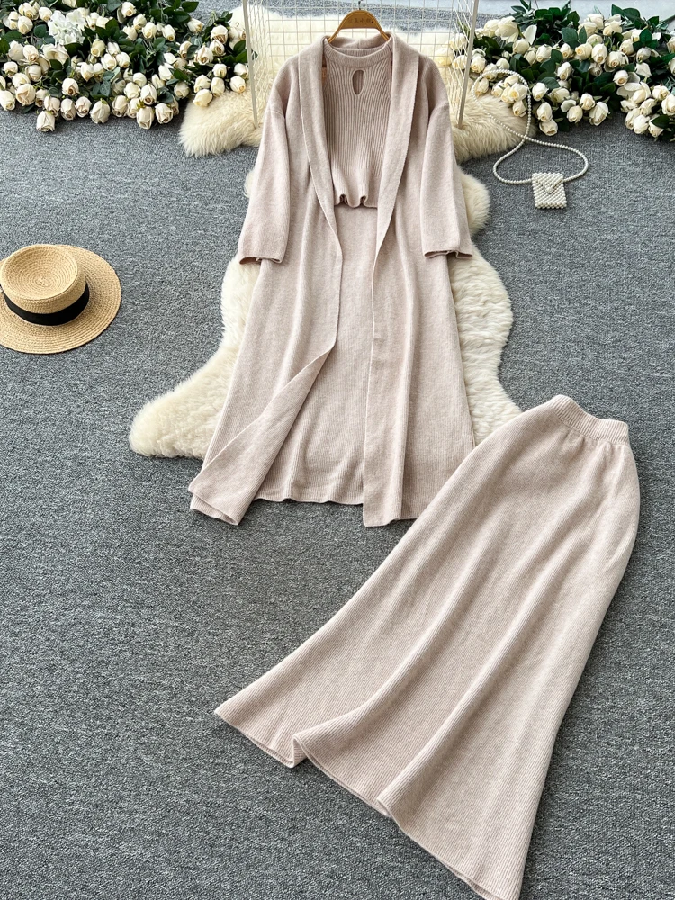 

Ele женский вязаный жилет, топ Ne, длинный свитер с подвесным рукавом, кардиган, юбка с высокой талией, комплект Faion, осенняя одежда