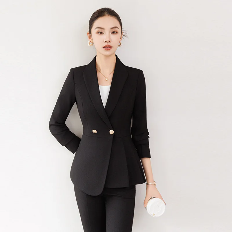 2025New Autumn Winter Gray Long Sleeve Blazer Jacket and Long Pants Two-Piece Set for Women Professional Commuting