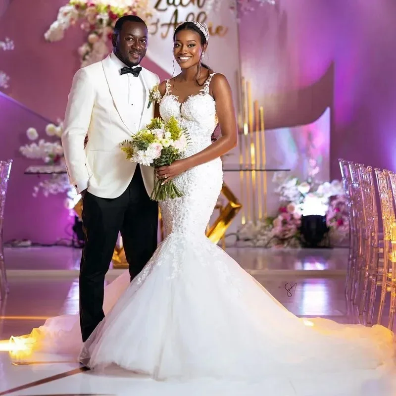 Customized Mermaid Wedding Dresses Spaghetti Straps Fulllace Appliqued Tiered Tulle Bridal Dress for Bride African Black Women