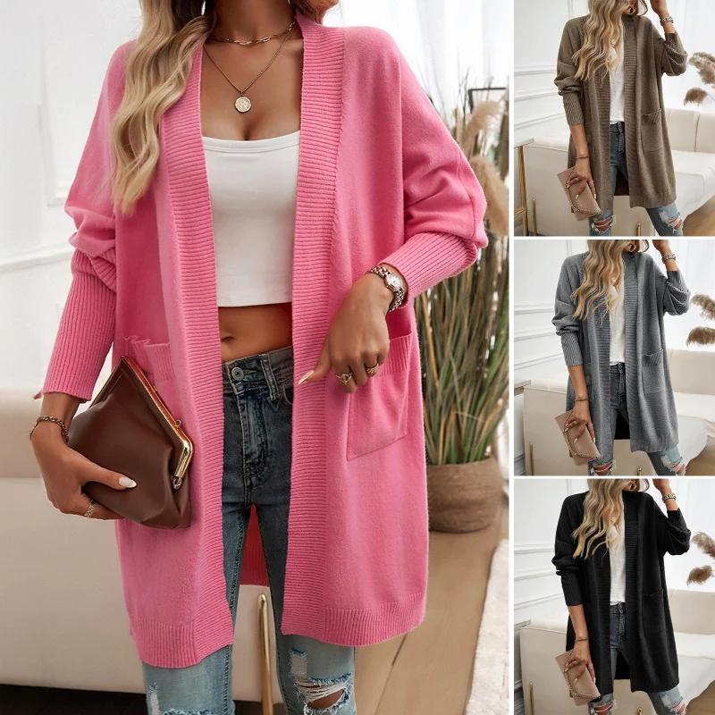 DY-2024Autumn and Winter Women's Batwing Sleeve Elegant Cardigan Solid Color Sweater Coat