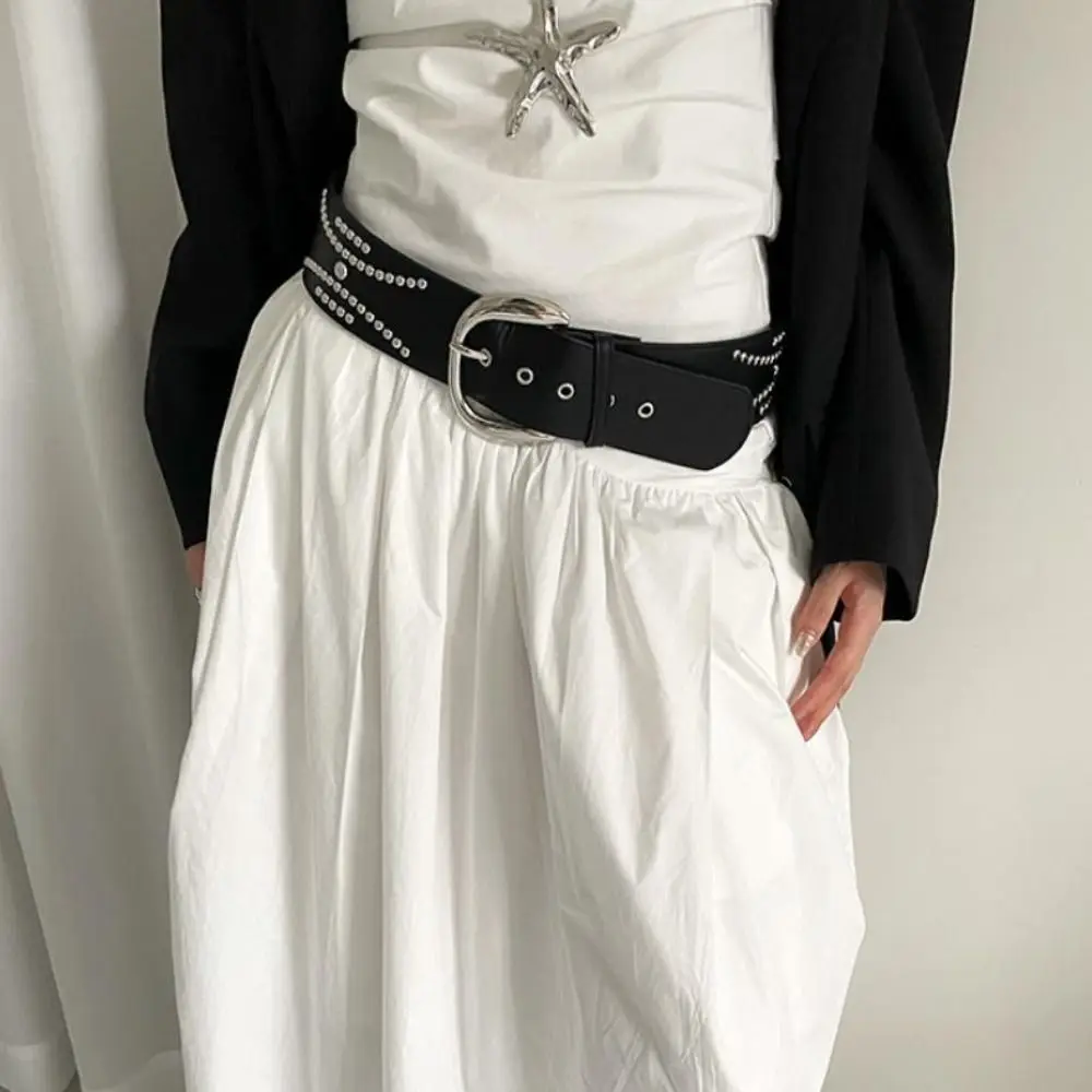 تنوعا الكورية المرأة حزام خصر القوطية الجلود برشام حزام عريض أسود أبيض Y2k فستان حزام جينز تنورة الإكسسوار