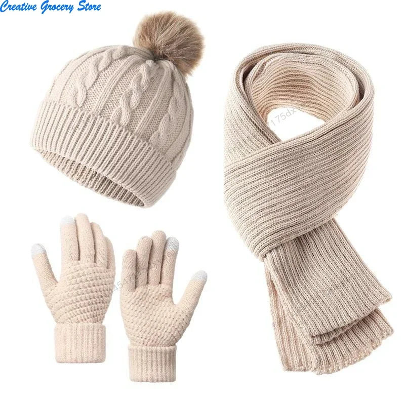 New Year Christmas Red Hat Scarf Gloves 3 Pieces Set Autumn Winter Outdoor Windproof Warm Knit Muffler Hats and Caps for Women