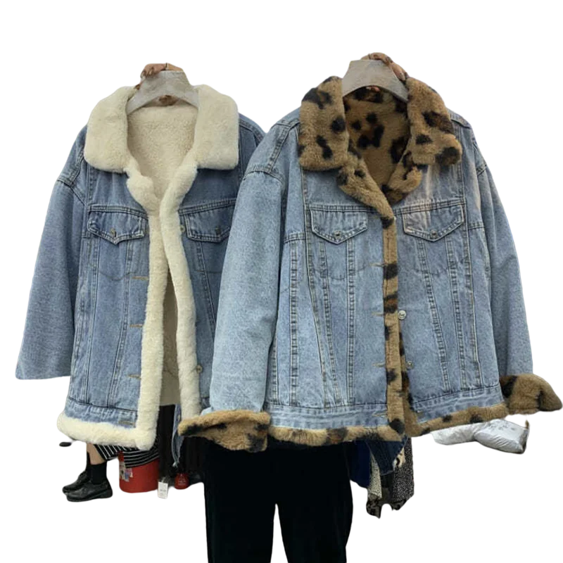 Korean Fashion Vintage Leopard Denim Jacket Women Winter Streetwear Warm Faux Fur Coat Reversible Luxury Designer Women Clothing