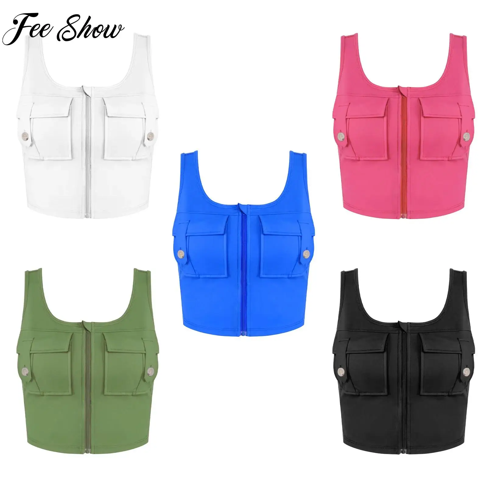 

Women Adult Workout Tank Tops Yoga Gym Fitness Sports Clothes U Neck Sleeveless Zip-Up Crop Top Athletic Vest with Built-in Bra