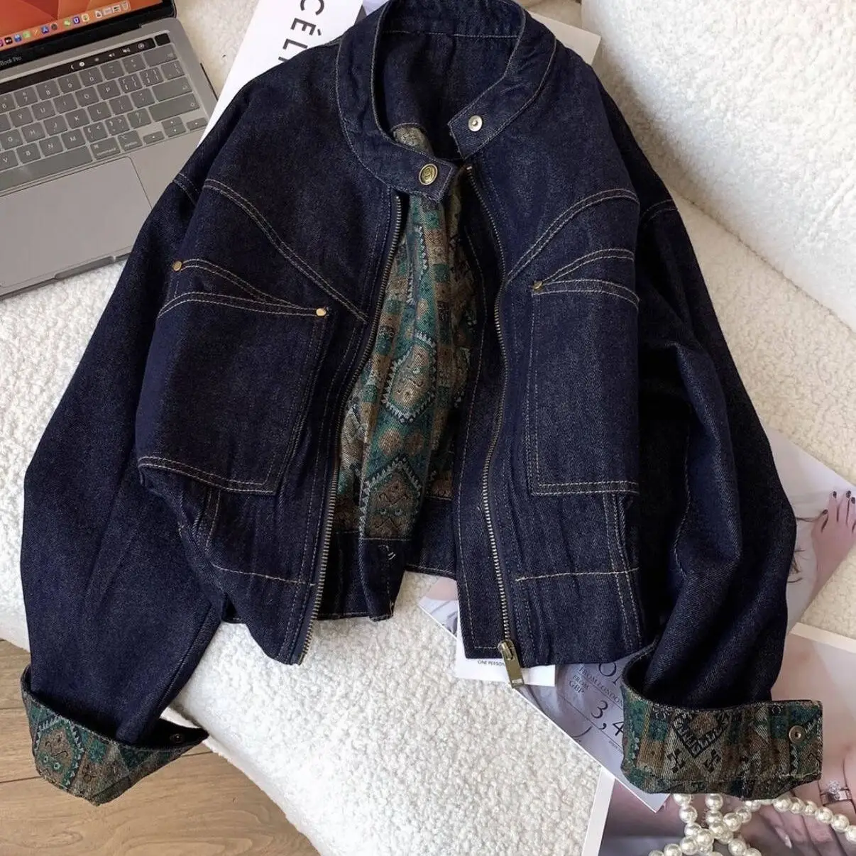 New Fashion Print Color Matching Denim Jacket Women's 2026 spring Foreign Style Versatile Jacket Female Top Outwear With Lining