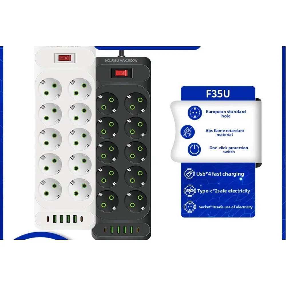 German - style High - power European -standard Power Strip,with MultipleSocketsandMultipleUSB Ports, 10 - hole Powerfor Home Use
