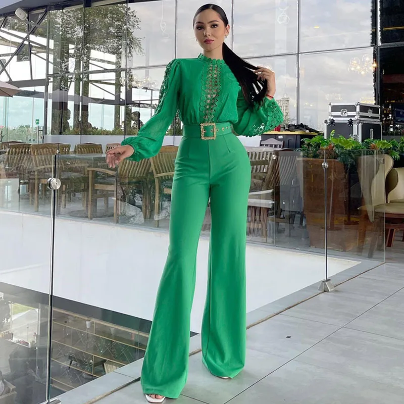 Doyerl Elegant Romper Woman Jumpsuit Birthday Long Sleeve Hollow Out High Waist One Pieces Overalls Club Party Outfits with Belt