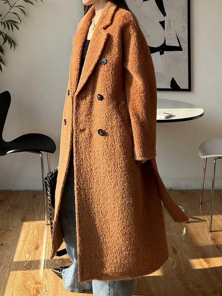 High Quality Women Thick Alpaca Wool Coat New Vintage Double Breasted Long Lace-up Woolen Coat Loose Tweed Jacket Autumn Winter