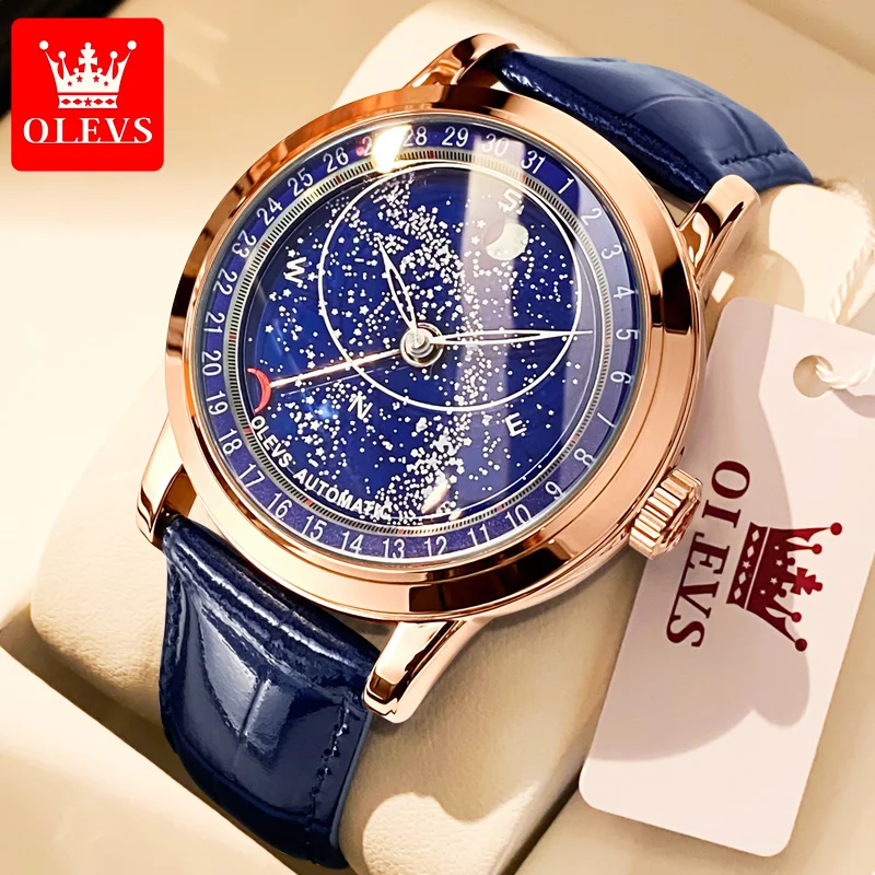 OLEVS Automatic Watch for Men 43.5mm Starry Rotating Luminous Big Dial Leather strap Top Brand Wristwatch Mechanical Men\'s Watch