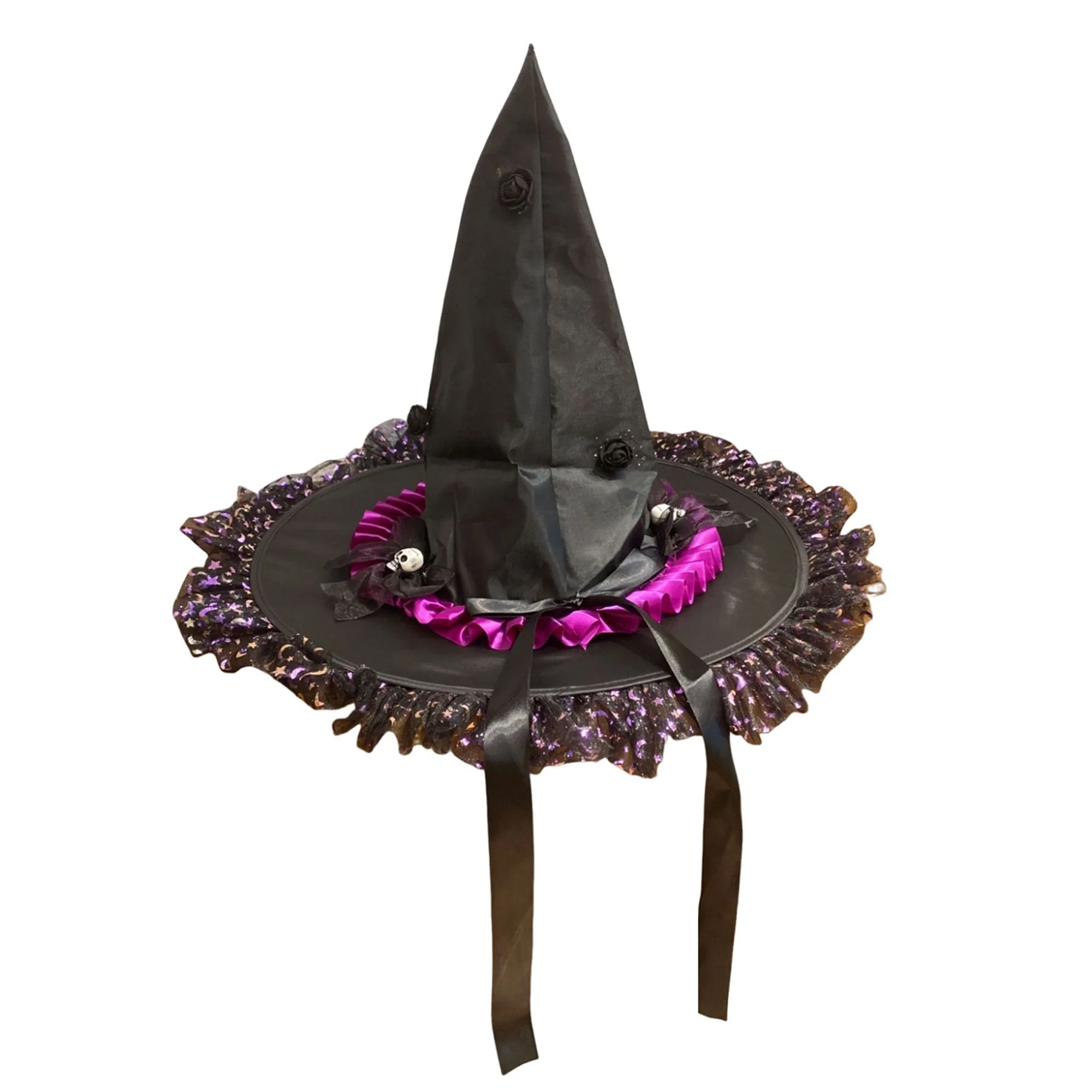 قبعة ساحرة سوداء على الطراز القوطي مع زخرفة جمجمة صغيرة وحواف شبكية لحفلات الهالوين ومتعة الحفلات