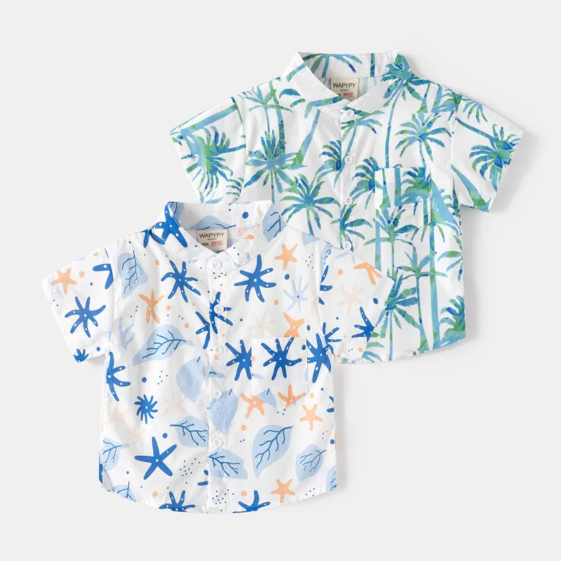 Little Boy Shirt Chest Pocket Stand Collar Print Short Sleeve Front Button-up Tops Summer Holiday Clothes 2-8 Years