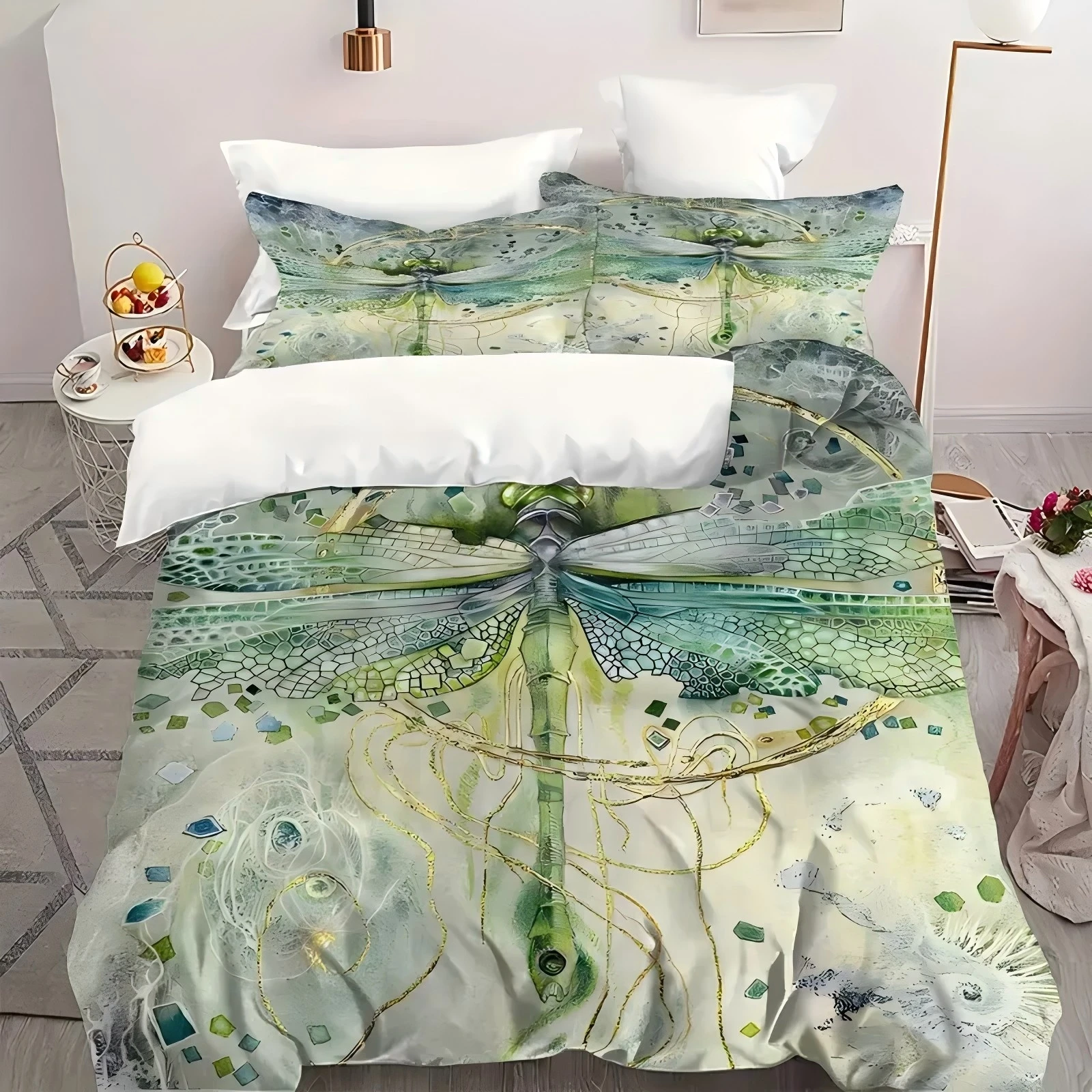 

Green Dragonfly 3D Printed Duvet Cover Watercolour Fresh Style Animal Theme Quilt Cover Polyester Soft Comfortable Bedding Set
