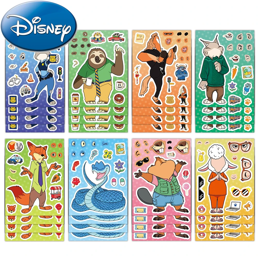 

8/16sheets Disney Cute Cartoon Zootopia 2 Puzzle Stickers Make a Face DIY Assemble Jigsaw Decals Birthday Party Decoration Toy