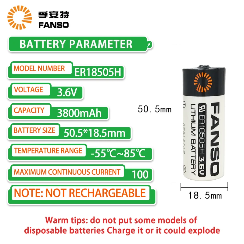FANSO ER18505H 3.6V Li-SOCl2 Batteries Emergency Position Beacon Gas Static Detector, Recorder Turbine Ultrasonic Flow Meter