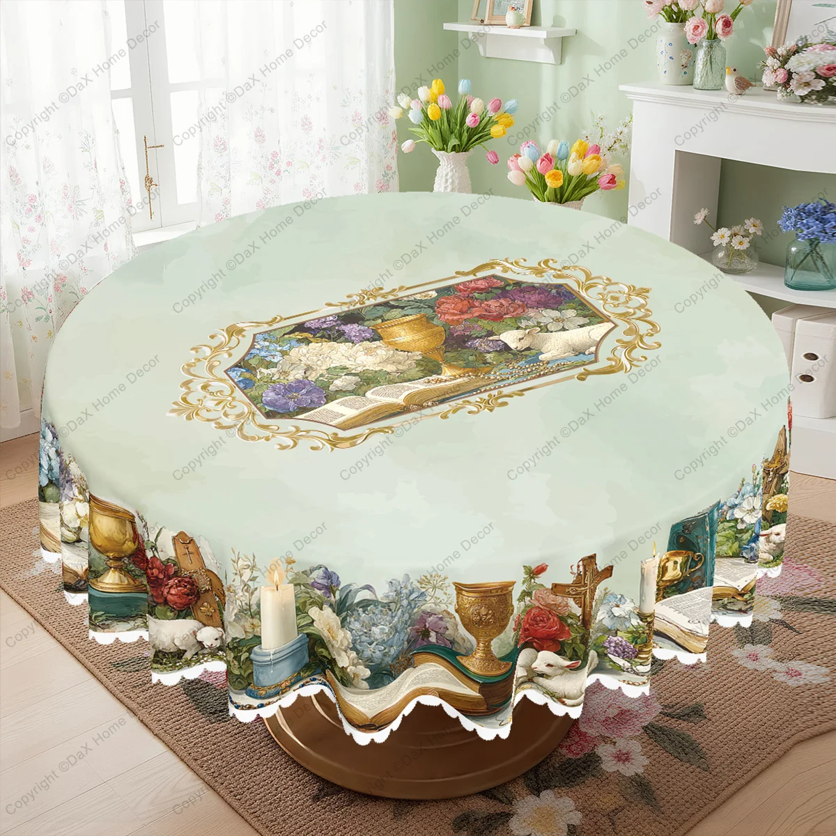 1 piece, Christian-themed tablecloth, cross, Holy Grail, Bible, rosary, vintage bouquet and floral pattern