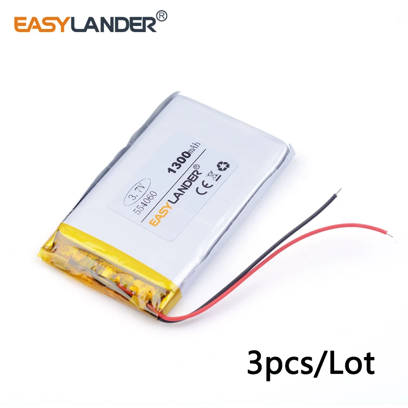 3pcs /Lot 1300mAh 554060 3.7V  Rechargeable Lithium Li-ion Li Polymer Battery For PAD GPS PSP E-Book dvr Power Bank