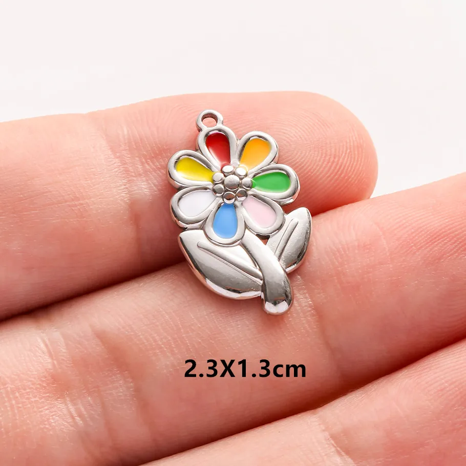 2 Stück Edelstahl-Anhänger mit blau-rosa Emaille, modischer Pflanzen-Charm, natürliche Perlenblumen-Anhänger für die Schmuckherstellung, Halsketten, Großhandel – Detail 3