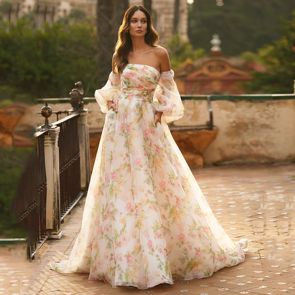 Romantic Floral Wedding Dress Puff Sleeves Strapless Pleat Body A Line Organza Princess Bridal Gown Vestido De Noiva