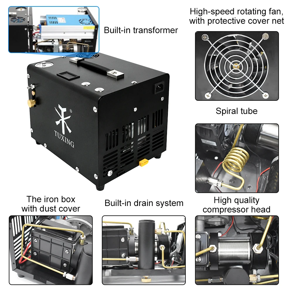 Imagem -04 - Tuxing 4500psi 300bar Compressor de ar Pcp Compressor Elétrico o com Adaptador de Energia Embutido para Tanque de Mergulho Pcp Txet062 de Alta Pressã