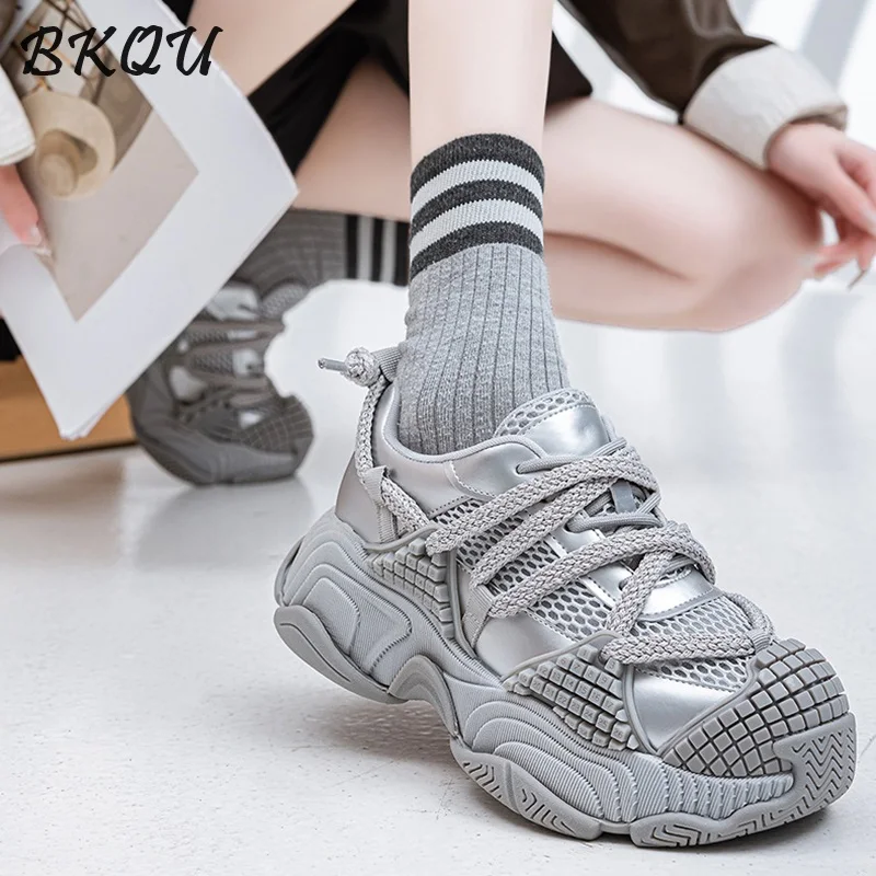 

BKQU Dad Shoes Women's 2025 Summer New Mesh Shoes Round Toe Mesh Surface Thick Sole Patchwork Personalized Casual Shoes