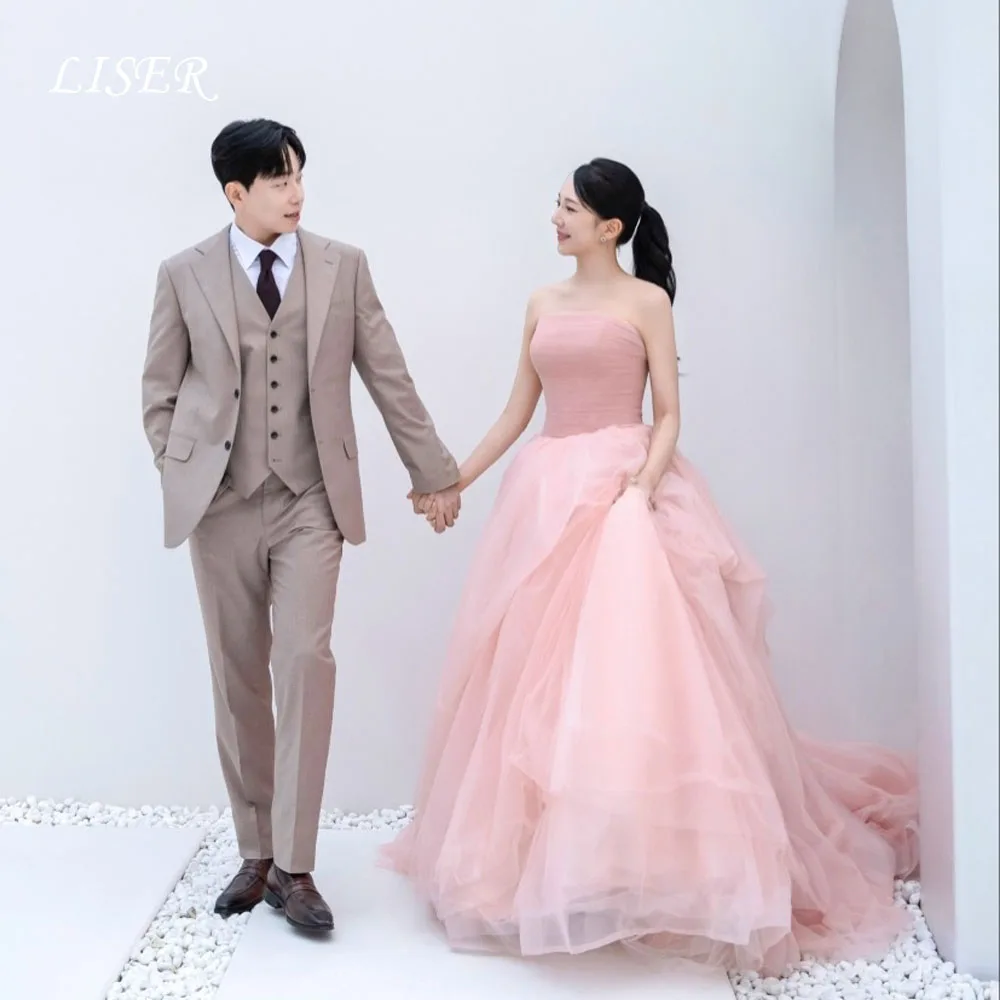 

Розовое вечернее платье Liser без бретелек в корейском стиле, на заказ, А-силуэт, для вечеринок, из мягкого тюля, для свадебного приема, вечернее платье