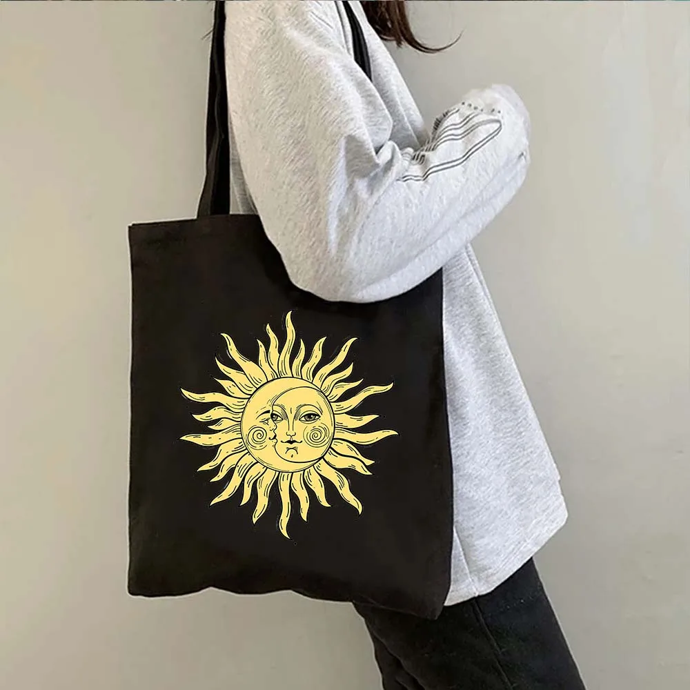 Vintage místico Celestia Eclipse Solar sol y luna diosa estrellas línea abstracta dibujo lienzo bolso de mano bolsos de compras de algodón