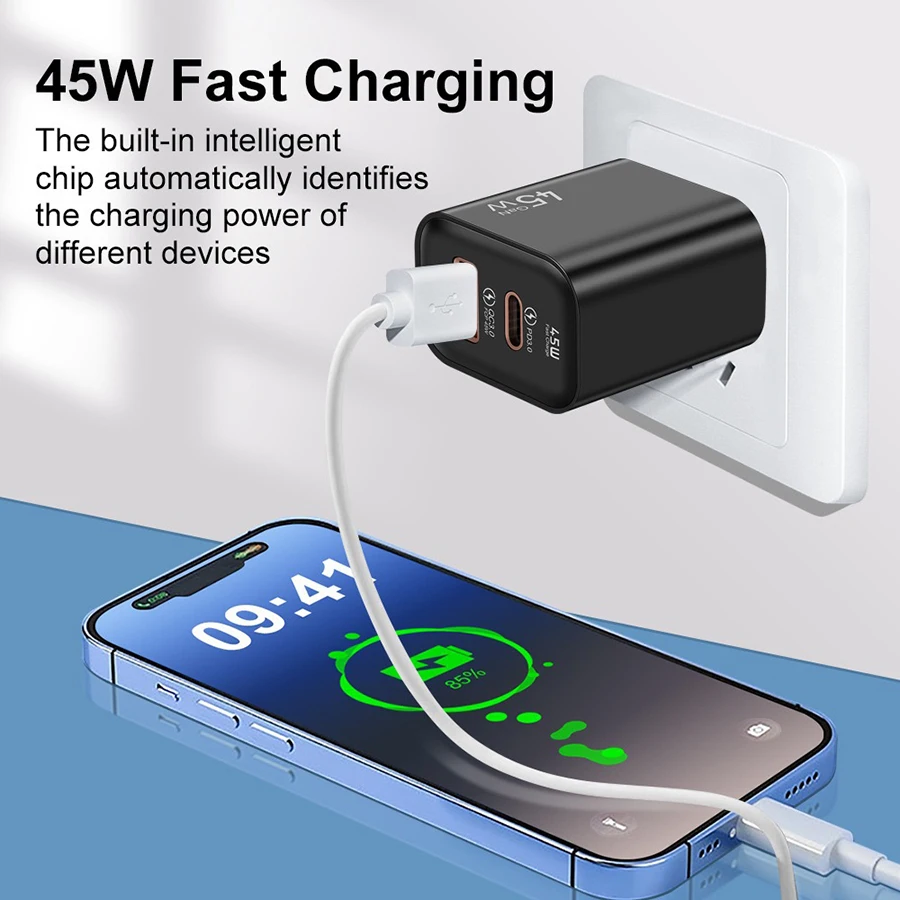 45W GaN Fast Charger Dual Port USB C PD3.0 QC3.0 Quick Charging Block Fireproof PC Wall Adapter For Smart Mobile Phones
