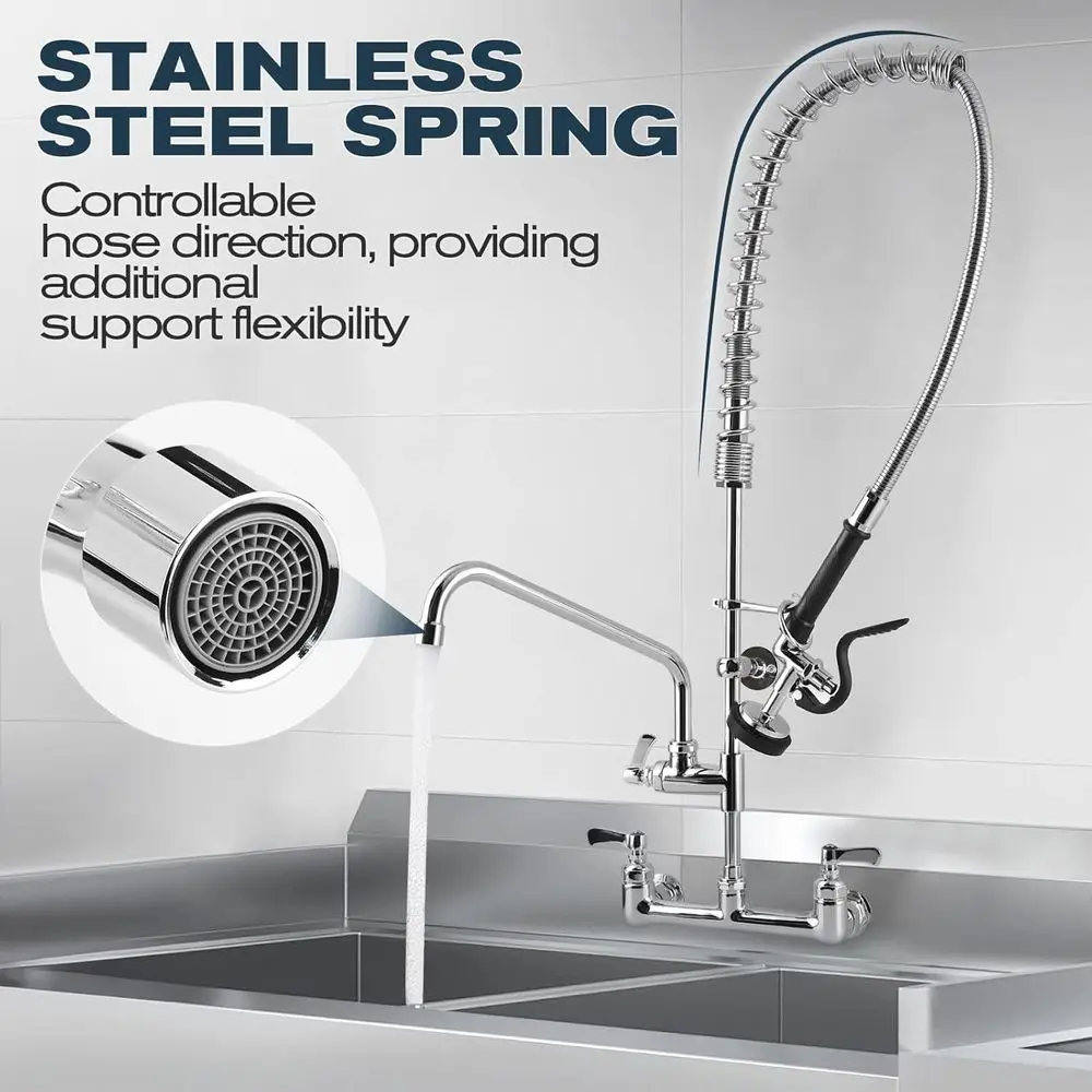 21 Wall-Mounted Commercial Sink Faucet with Pre-Rinse Sprayer, Adjustable Centers, and Pull-Down Spray