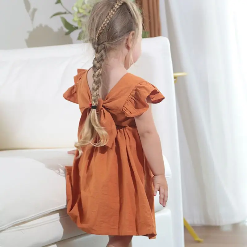 Baby Girl Linen Cotton Dress Toddler Ruffle Sleeve Casual Sundress Back Bow Cutout Summer A-Line Dress for Daily Wear Photoshoot