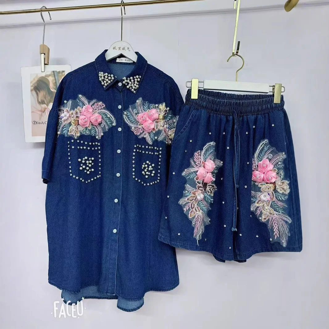 

Heavy Industry Two-Piece Fashion Denim Set for Women - Cardigan and Shorts, Unique and Loose Fit