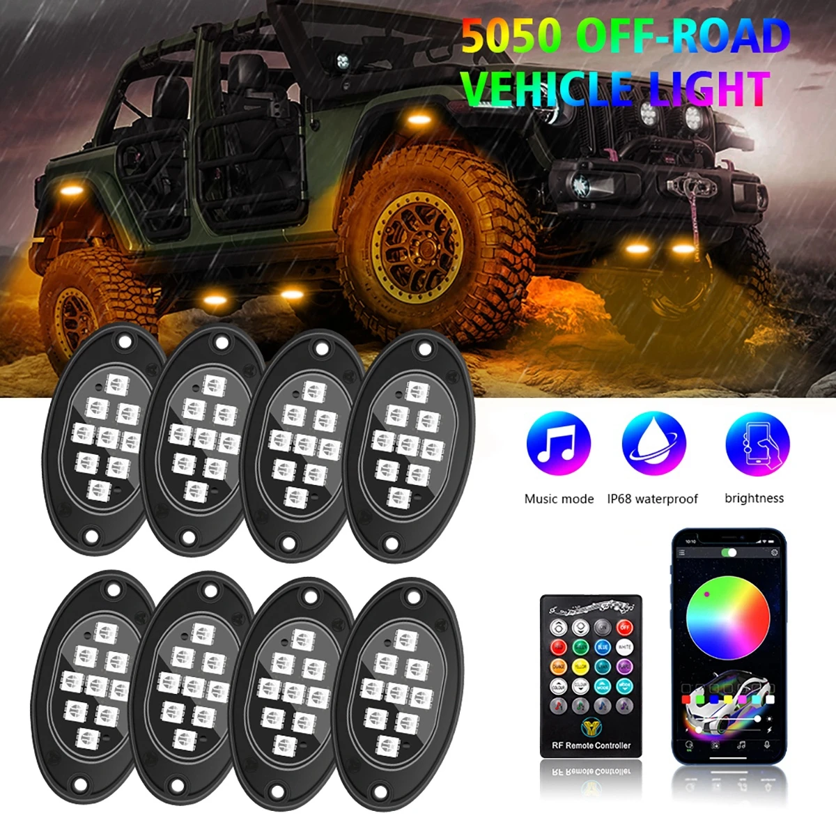 12X RGB Car Chassis Decorative Lamps Rock Lights With APP/Remote Control & Music Model For Pickup Off Road Jeep SUV ATV UTV Car