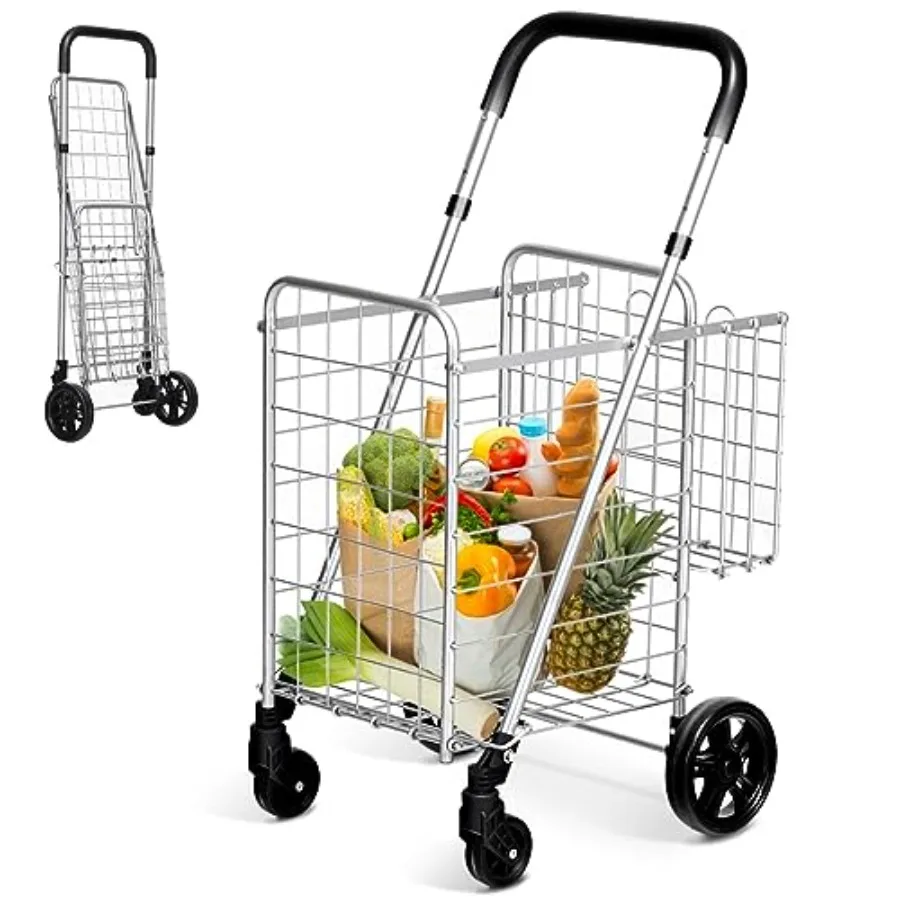 

Utility Folding Shopping Cart, Lightweight Trolley with Handle, Large Grocery Utility Cart with Swiveling Wheels and Dual Stora