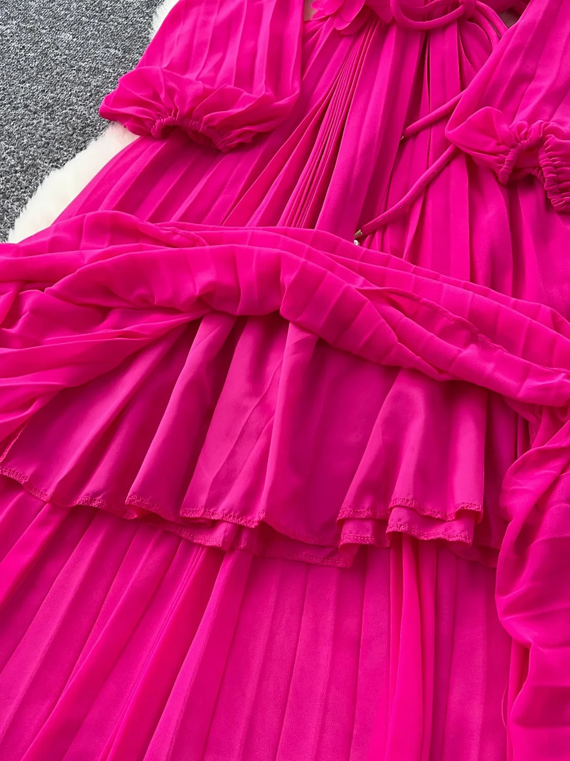 ฤดูใบไม้ผลิผู้หญิงประดับด้วยลูกปัด Draped จีบชุดยาว Elegant Rose สีแดง/สีฟ้า/สีเขียว/สีเหลืองพัฟแขนเอวสูง Maxi vestidos Robe ใหม่