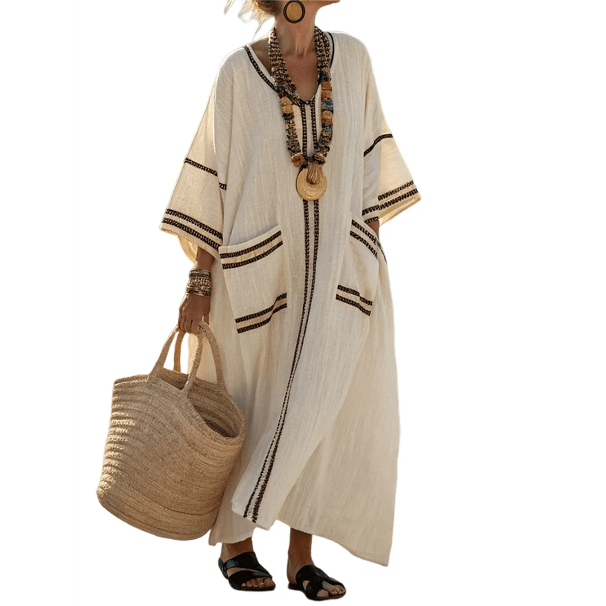 ABRT-فستان نسائي صيفي فضفاض كبير الحجم من القطن والكتان برقبة على شكل V بوهو كتلة ألوان قفطان طويل مع فتحة #4
