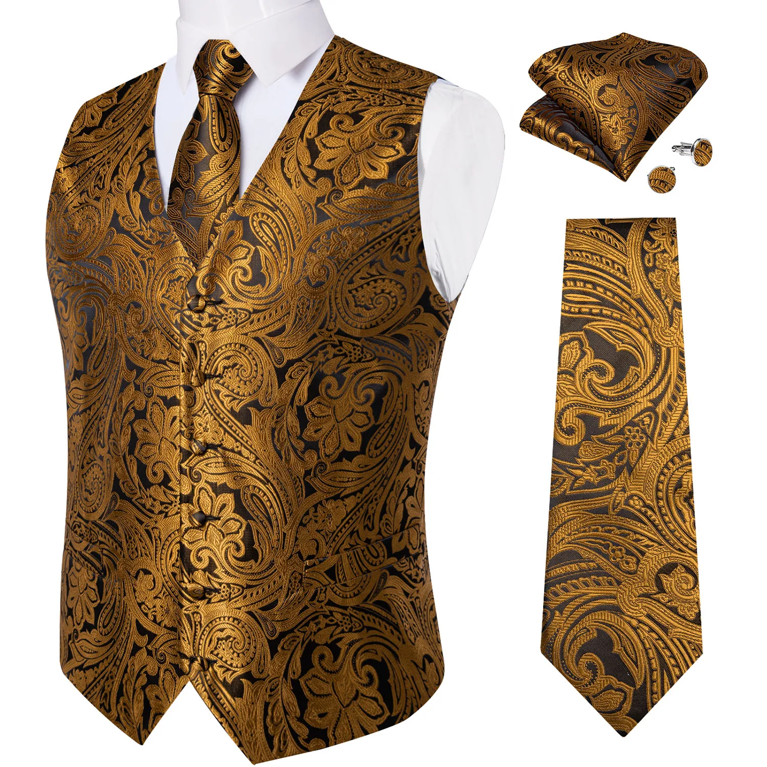 Causal Men's Gold Black Vest Floral Print Fashion Necktie Pocket Square Cufflinks Dress Set Gilet Homme Waistcoat for Man Party
