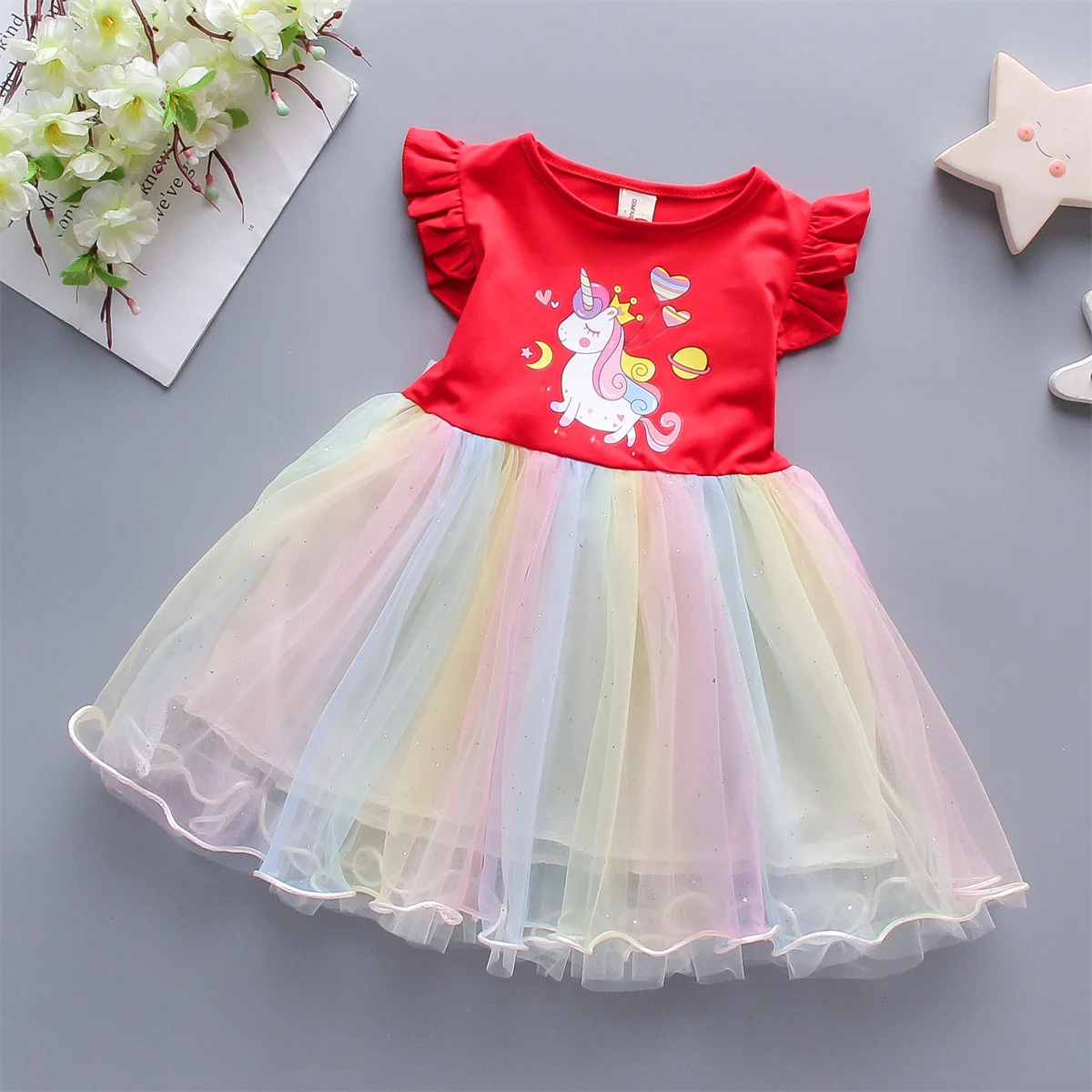 A Cute Girl\'S Dress From 0 To 3 Years Old In Summer Sleeveless Love Trojan Horse Print Patchwork Rainbow Mesh Daily Casual Dress