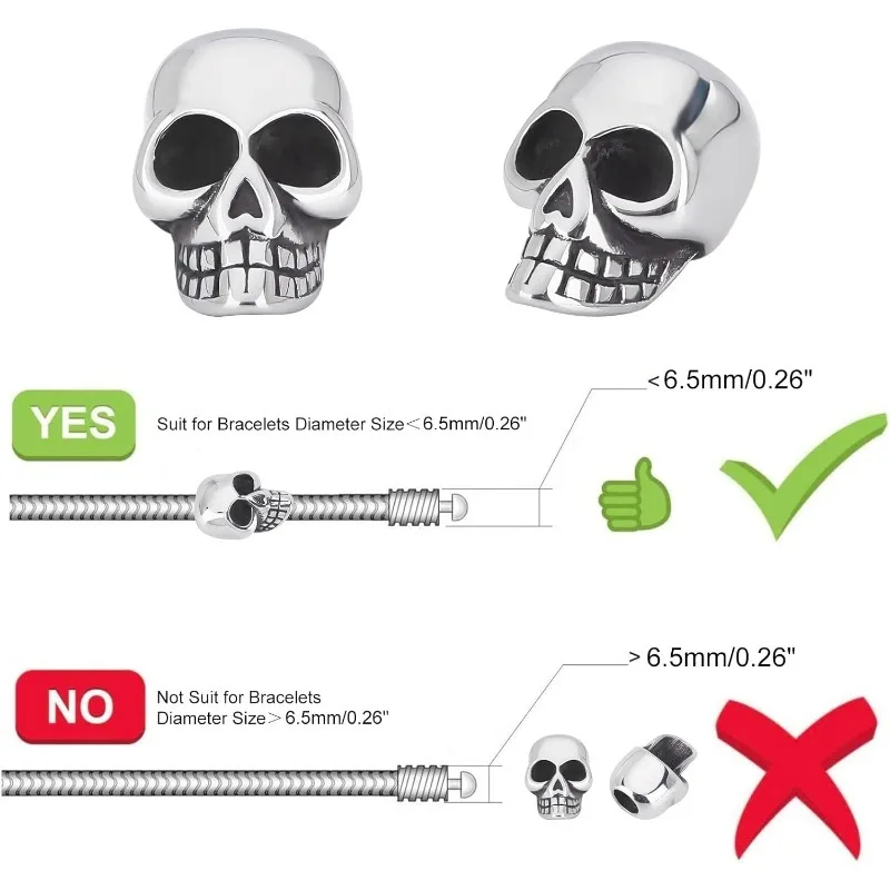 2pcs Stainless Steel Skull Beads Antique Silver Loose Beads 6.5mm Large Hole Finding Beads Halloween Decoration for Jewelry
