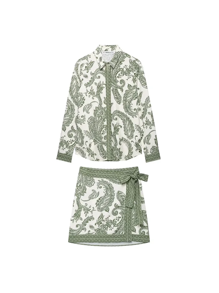 

KUCLUT Women Fashion 2 Piece Sets Printed Single Breasted Blouse & Vintage Bow Mini Skirt Female Chic Lady Skirts Set