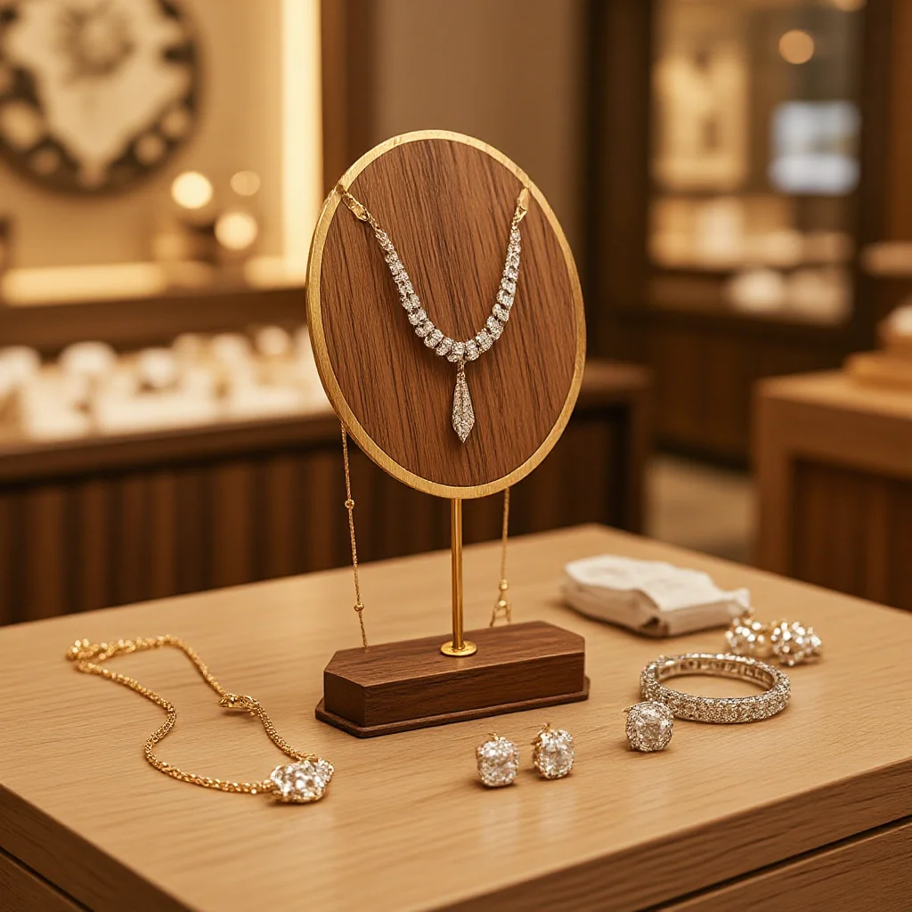 

Gold Metal T - Bar Jewelry Holder with Walnut Base Perfect Earring/Necklace Display Rack Must for Retail Stores & Collection