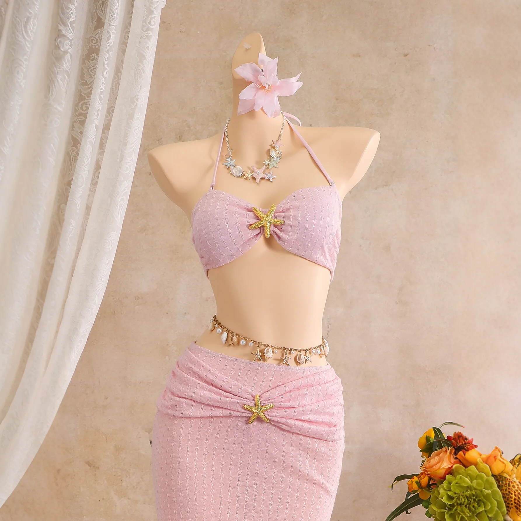 3 Pcs Starfish Decor Bikini Sw - Printed Wrap Skirt ulasan dan harga