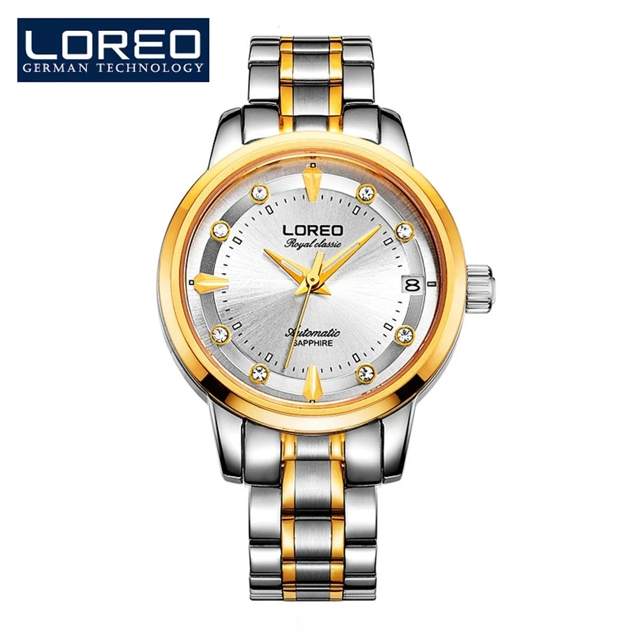 Loreo safira moda feminina relógio mecânico automático senhora pulseira de couro alta qualidade casual relógio de pulso à prova dwristwatch água